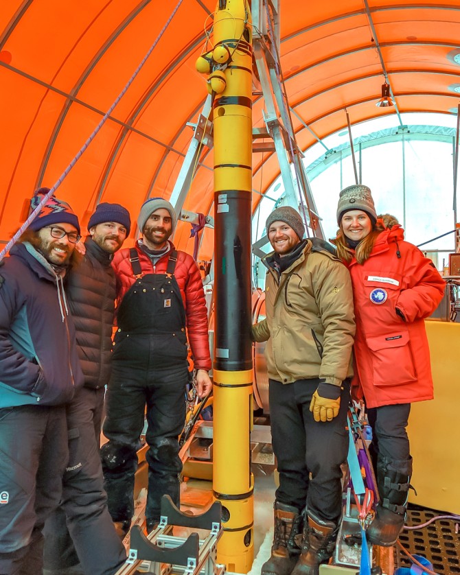 "Robot provides unprecedented views below Antarctic ice shelf; Members of Britney Schmidt’s Icefin team after completing their first mission exploring conditions beneath Antarctica’s Ross Ice Shelf, near where it meets Kamb Ice Stream, in December 2019."