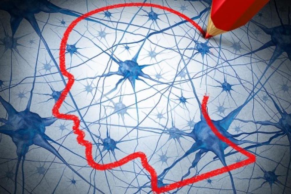 "Keys to severe disability in MS are cortical, deep gray matter and spinal cord damage, rather than lesions, UB study shows; Stock image of the outline of a head in profile being drawn over neurons."