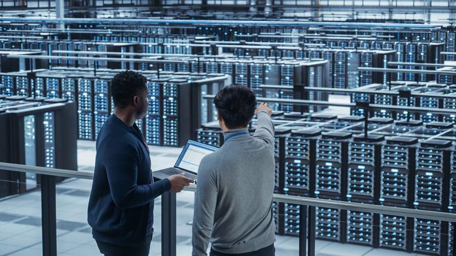 News Releases News Topics Media Advisories University Statements Reducing the carbon footprint of data centers; stock photo of servers in data center/