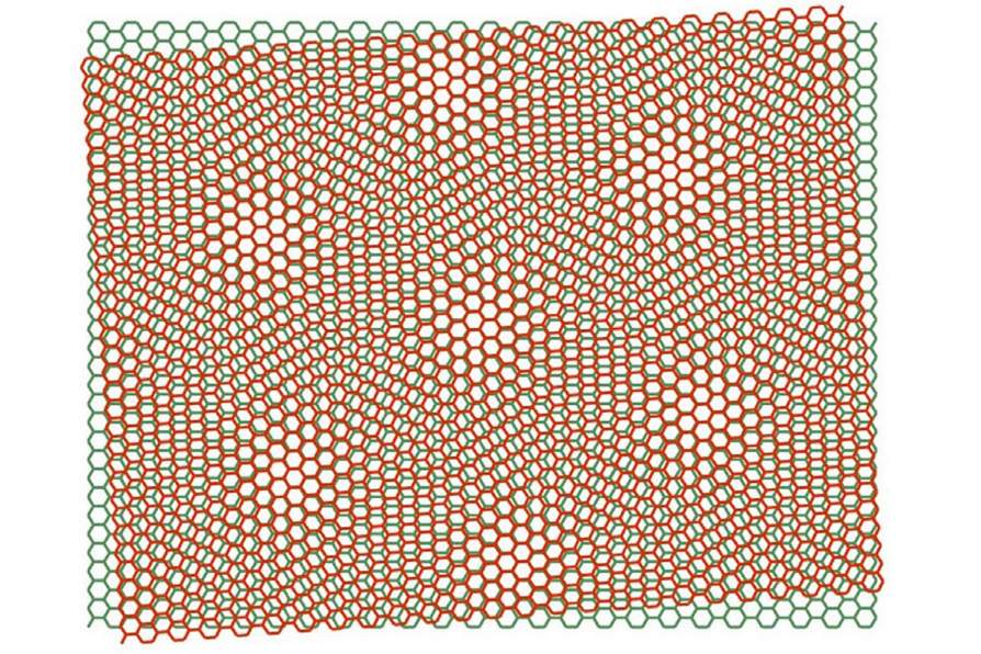 A Particular ‘Sandwich’ of Graphene and Boron Nitride May Lead to Next-gen Microelectronics; The image, above, shows the moiré pattern created by layering graphene with boron nitride. Credit: University at Buffalo.