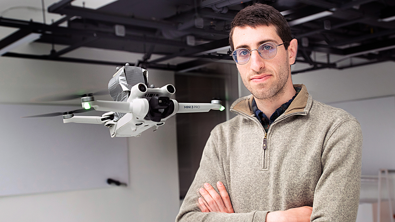 using drones and lasers, researchers pinpoint greenhouse gas leaks; Michael Soskind, first author and graduate student in electrical and computer engineering. (Photo by Bumper DeJesus)