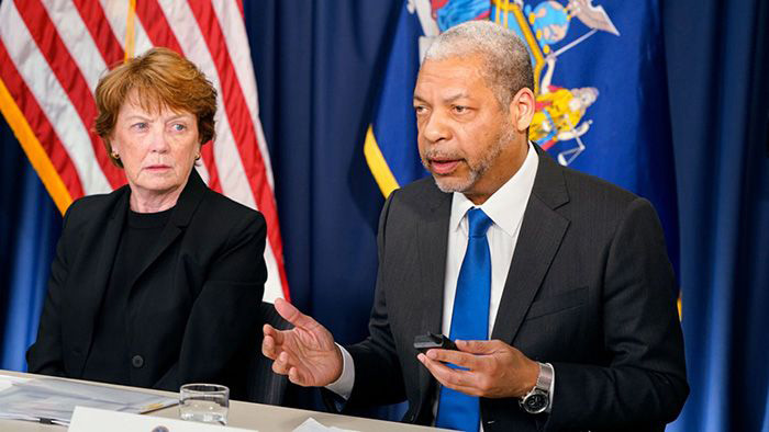 Columbia Engineering Dean Mary Boyce and Cornell Engineering Dean Lance Collins