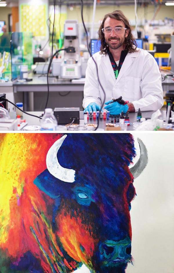 Carson Bruns and a painting of a "spirit buffalo."