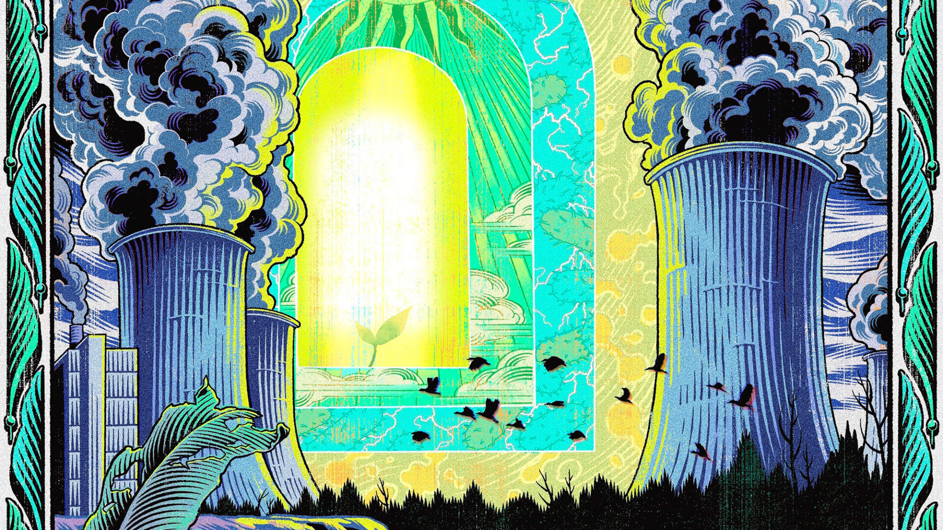 Researchers at USC Dornsife are finding better ways to harness nature’s bounty, from kelp to sun beams, in order to power our industrialized world. (Illustrations by Yiran Jia for USC Dornsife Magazine.)