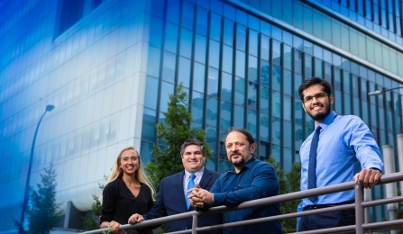 QAS.AI leadership group, from left, Kelsey Nicole Sommer; Vincent M. Tutino, PhD; Ciprian N. Ionita, PhD; and Mohammad Mahdi Shiraz Bhurwani.