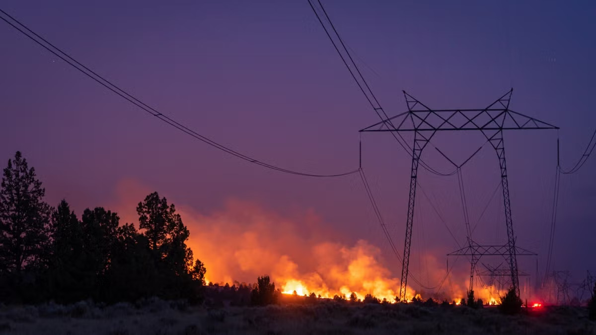Stock photo of a wildfire encroaching on a power line.