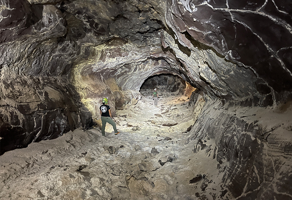 A view into the La Corona lava tube system in Lanzarote, Spain, where there is massive accumulations of gypsum and other sulfates.