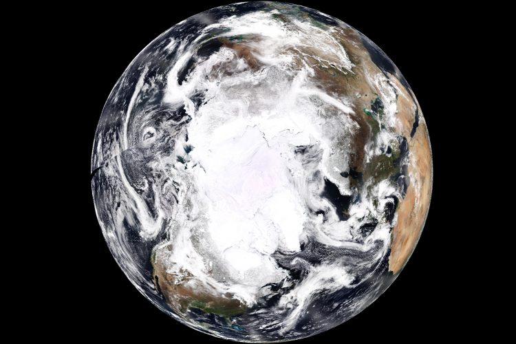 A composite image of the ice cap covering Earth’s Arctic region — including the North Pole — taken 512 miles above our planet on April 12, 2018 by the NOAA-20 polar-orbiting satellite. NOAA