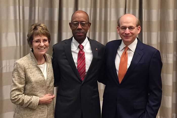 Mary Sue Coleman, Michael V. Drake and David Leebron