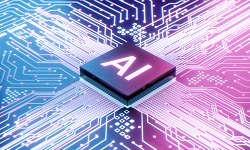 A digital rendition of a microchip with the letters AI