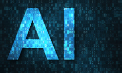 The letters AI lit in blue and made up of computer binary