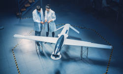 Researchers in lab coats studying an aircraft