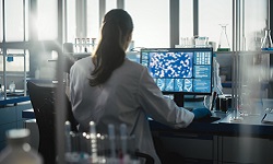 Back of a researcher sitting in front of a computer