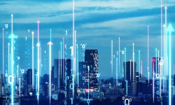 A skyline with digital arrows pointing up