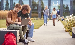 two young men sitting on a park bench looking at a laptop