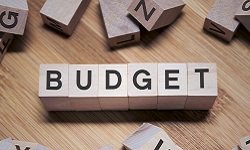 Wooden blocks spell out the word budget