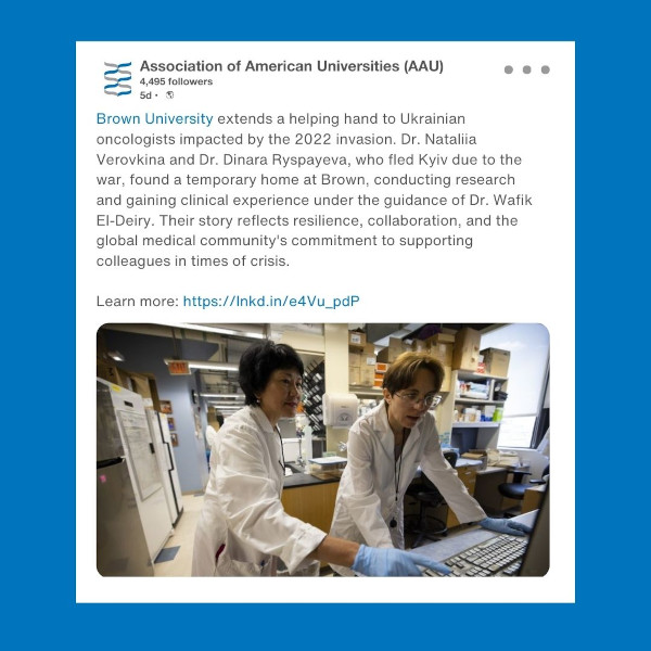 A tweet from AAU about Brown University's support of Ukrainian oncologists