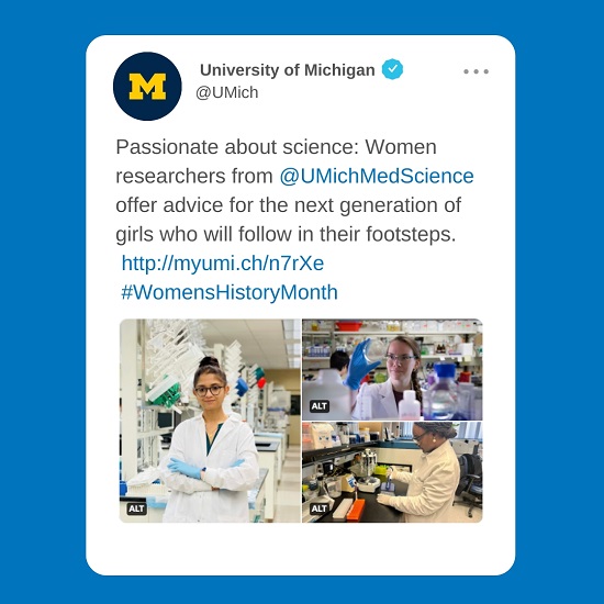 A tweet from the University of Michigan about an article in which women researchers from the University of Michigan medical school offer advice for the next generation of girls who will follow in their footsteps