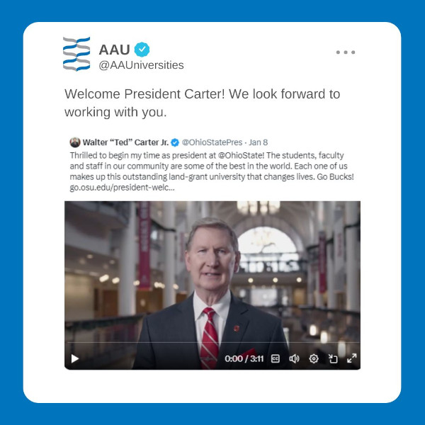 Tweet from AAU welcoming Ted Carter Jr. as president of ohio state university