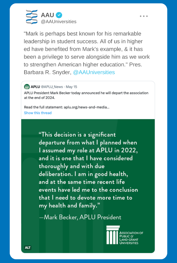 screenshot of AAU tweet of a quote from Barbara R. Snyder