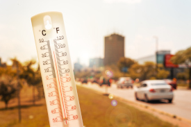 image of a thermometer being held outside in a urban area