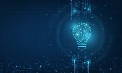 a blue light bulb signifying innovation