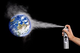 An aerosol sprays harmful chemicals on plant earth