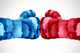 Artist's depiction of political polarization: a bule and red boxing glove