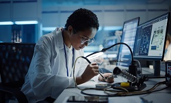 a scientist solders something at her workstation