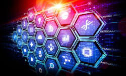 Digital illustration of a honeycomb pattern with STEM related symbols