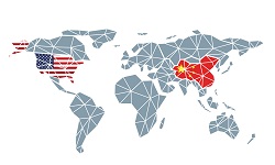US and China on a world map represented by their flags