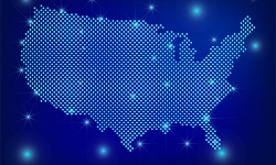 A US map composed of blue dots