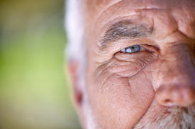 close up of half the face of an older man with wrinkles and white hair