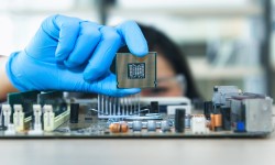 scientist with blue gloves holding a chip over a circuitry board