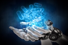 robot hands with hologram pills
