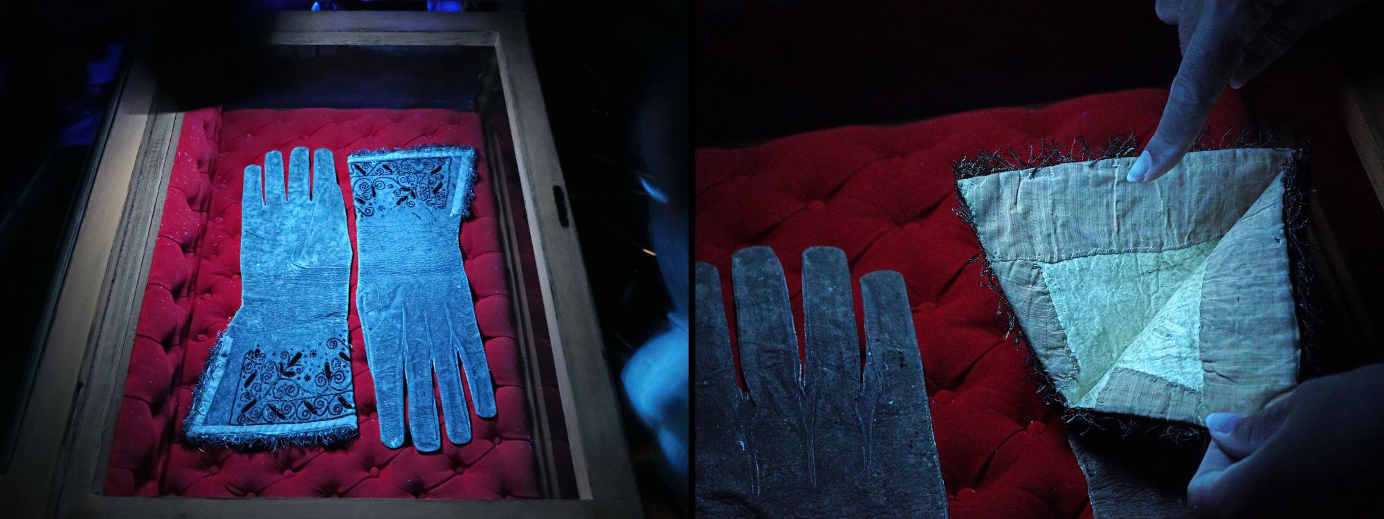 "Gadomski and Meyer examining the gloves with ultraviolet light. "