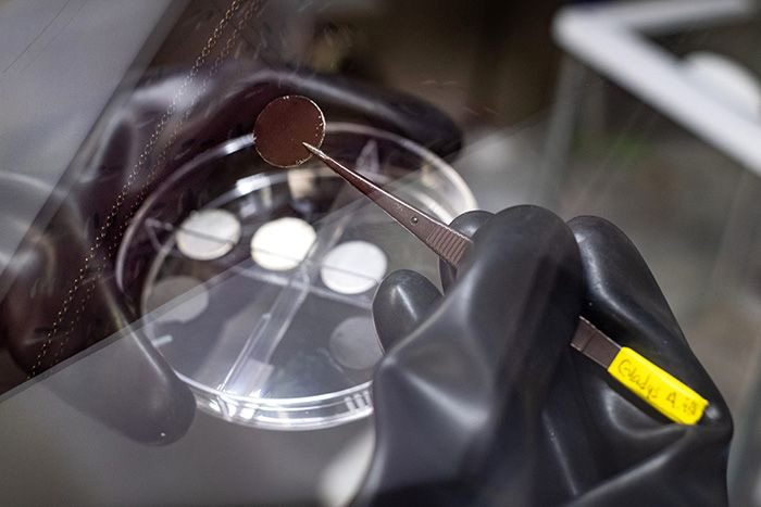Rice University graduate student Gladys López-Silva holds a lithium metal anode with a film of carbon nanotubes.