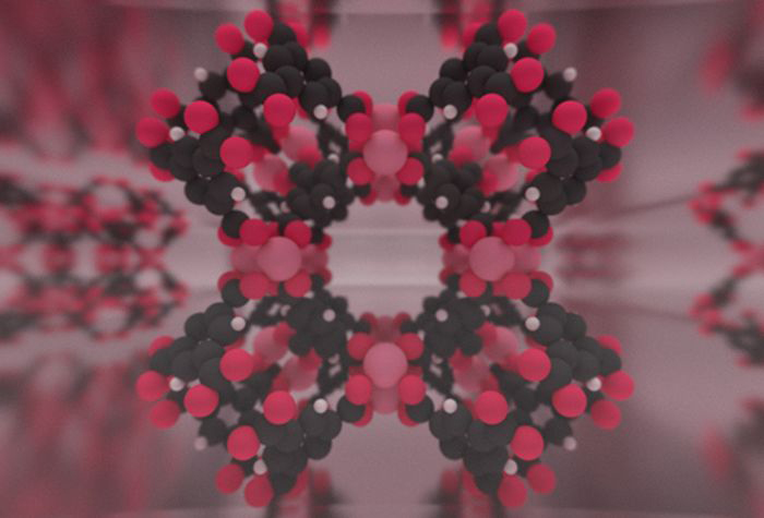 A computerized model of tiny spongelike metal structures.