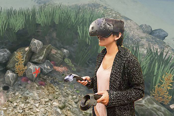 Elise Ogle, a researcher in the Virtual Human Interaction Lab, tries out the Stanford Ocean Acidification Experience.