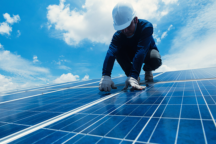 Worker maintaining solar panel