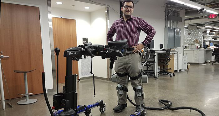 Nitin Sharma wearing the prototype exoskeleton