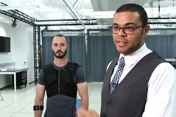 Photo of Ph.D student Erik Kamers (left) and Karl Zelik, assistant professor of mechanical engineering.