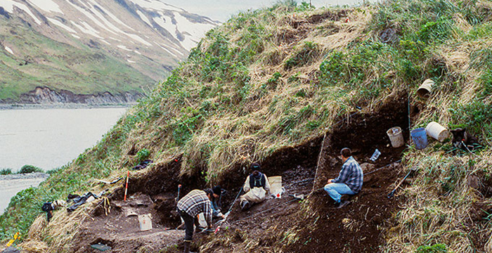 Archaeologists excavate the Amaknak Bridge site. 