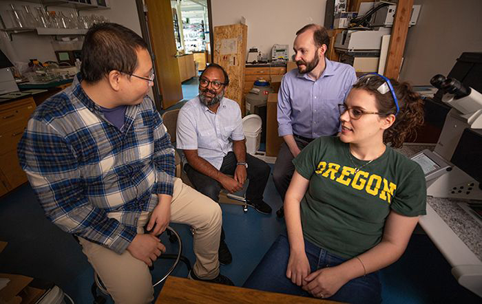 The project's key lab collaborators, Postdoctoral researcher Yu Zhao, chemistry professors Ramesh Jasti and Mike Pluth, and doctoral student Brittany White.