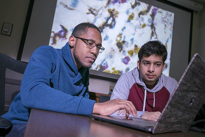 Christian Arty helps freshman Chirag Tandon identify a tissue image.