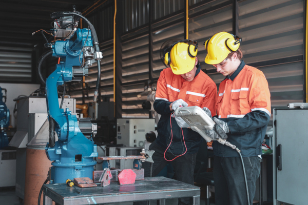 Technicians Programming Industrial Robot Arm