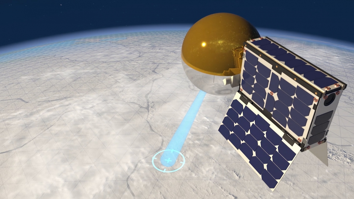 "Student-built satellite uses 'beach ball' for an antenna; Artist's impression of CatSat with its antenna inflated in orbit around Earth."