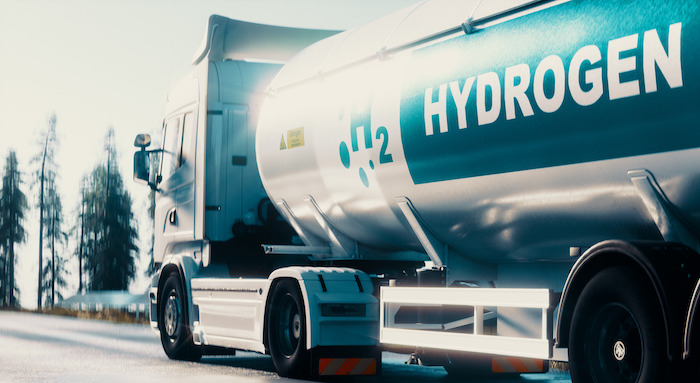 Scientists Reveal Breakthrough That Could Lead to Cleaner Hydrogen Energy; Stock image of semi-trailer truck transporting hydrogen