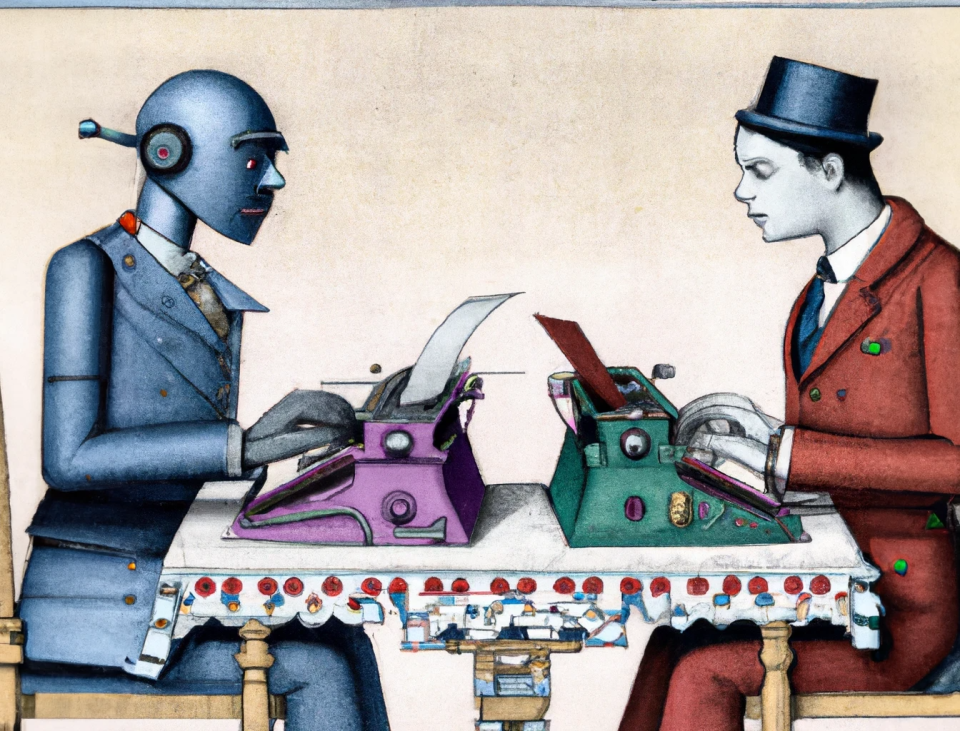 Human Writer or AI? Scholars Build a Detection Tool; illustration of a victorian era human and a robot typing at typewriters across a table from each other