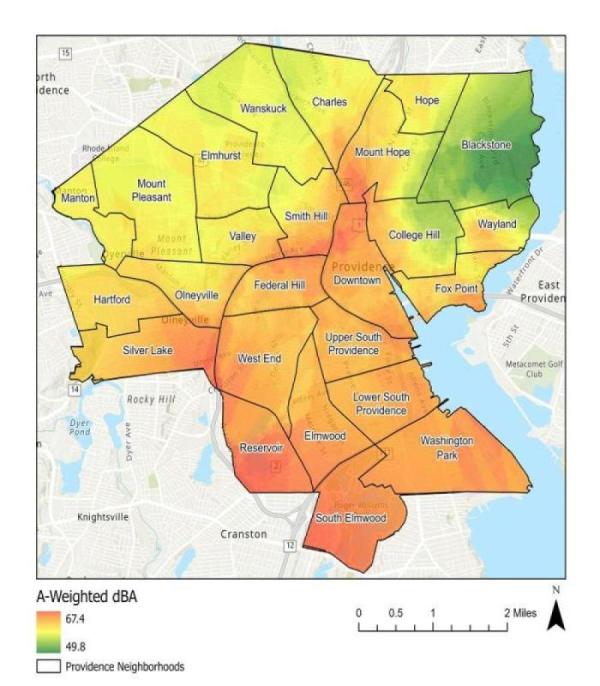 Combining sound levels for day and night, the heat map shows average noise levels in Providence neighborhoods. 